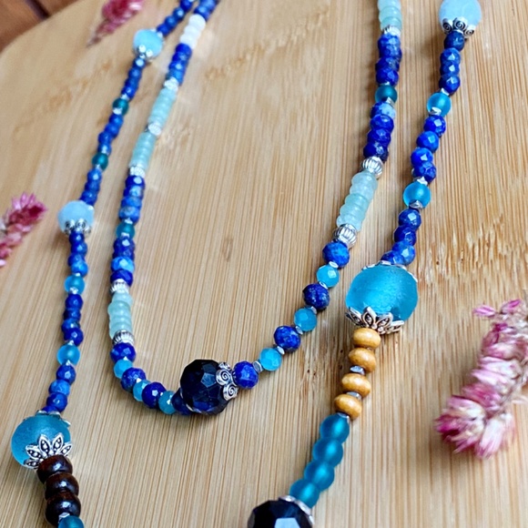 Multi Gemstone Layered Statement Necklace with Lapis Lazuli - Aquamarine - Picture 3 of 10